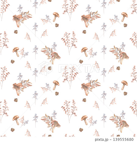 Seamless monochrome watercolor design with mushrooms and soft twigs in neutral beige tones. Woodland plants repeated background for wallpaper and home textile. Delicate woodland kids design textile. Seamless monochrome watercolor design with mushrooms and soft twigs in neutral beige tones. Woodland plants repeated background for wallpaper and home textile. Delicate woodland kids design textile. 139555680