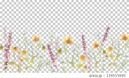 Wildflowers in meadow seamless border of loose watercolor style. Floral repeat of hand painted botanical plants with yellow and purple flowers. Spring wild herbs endless background isolated on white. Wildflowers in meadow seamless border of loose watercolor style. Floral repeat of hand painted botanical plants with yellow and purple flowers. Spring wild herbs endless background isolated on white. 139555693