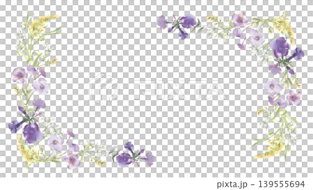 Loose watercolor wildflowers frame. Purple blossom and small yellow flowers on white. Floral corner border arrangement for wedding invitation or greeting card. Botanical gentle design hand drawn. Loose watercolor wildflowers frame. Purple blossom and small yellow flowers on white. Floral corner border arrangement for wedding invitation or greeting card. Botanical gentle design hand drawn. 139555694