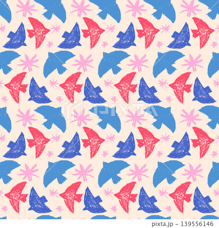 Bird shapes in blue and red on cream with pink asterisk in an allover seamless pattern. Chalk bird motifs as a vector pattern for surface fabric design. Naive dove, flower in pastel hand drawn repeat Bird shapes in blue and red on cream with pink asterisk in an allover seamless pattern. Chalk bird motifs as a vector pattern for surface fabric design. Naive dove, flower in pastel hand drawn repeat 139556146
