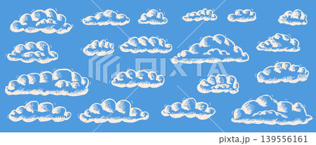 Hand-drawn clouds create a whimsical chalk sky background. Playful kids cloudy doodles with wind perfect for children's designs and baby nursery decor. Vector naive sketch chalk scribbles isolated Hand-drawn clouds create a whimsical chalk sky background. Playful kids cloudy doodles with wind perfect for children's designs and baby nursery decor. Vector naive sketch chalk scribbles isolated 139556161