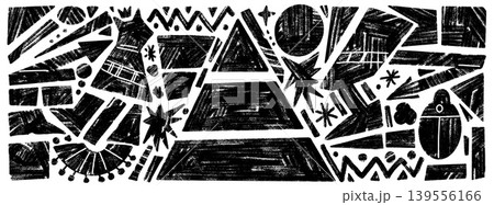 Black Egypt geometric shape with grunge pencil marker and crayon texture background design. Playful doodle and text box for ancient Egypt poster. Hand drawn vector set with rough geometry elements set Black Egypt geometric shape with grunge pencil marker and crayon texture background design. Playful doodle and text box for ancient Egypt poster. Hand drawn vector set with rough geometry elements set 139556166
