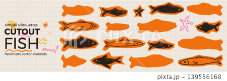 Paper cutout fish for scrapbook album and sticker pack. Orange sardine silhouette with crayon doodle fish collage and ocean feel. Vector paper cutout set for craft card print 139556168