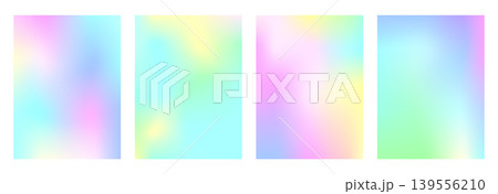 Pastel poster set with smooth rainbow gradation for cosmetic packaging. Soft pastel summer haze and dreamy poster glow on gradient mesh. Vector holographic backdrop isolated on white bg 139556210