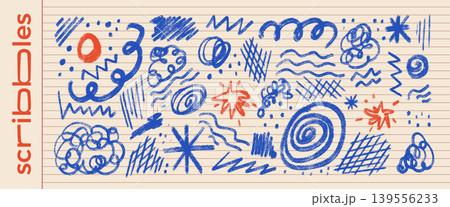 Naive abstract blue pencil doodles on legal pad paper. Irregular forms school scribble set with messy pencil strokes, doodle textures, brushstrokes. Vector spontaneous expressive graphic elements Naive abstract blue pencil doodles on legal pad paper. Irregular forms school scribble set with messy pencil strokes, doodle textures, brushstrokes. Vector spontaneous expressive graphic elements 139556233