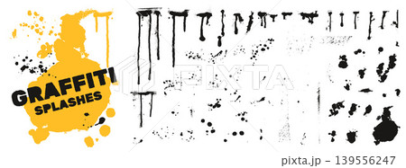 Spray paint drip and splash with black ink blobs and drop elements. Street art paint spray drips with grunge melt texture and splotch silhouettes. Urban vector collection for music poster on white bg 139556247