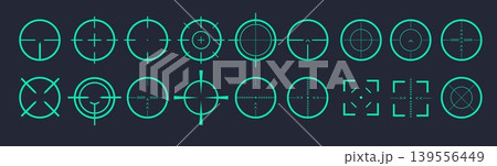 Target gun aim and aiming to bullseye signs symbol. Creative vector illustration of crosshairs icon set isolated on transparent background. Art design. Abstract concept graphic games shooters element 139556449
