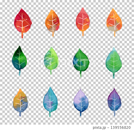 紅葉や緑の葉によるカラフルな素材セット　水彩画 139556820