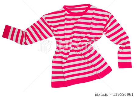 Anthropomorphic striped sweater floating in air pointing finger at copy space, invisible person concept isolated on white. Anthropomorphic striped sweater floating in air pointing finger at copy space, invisible person concept isolated on white. 139556961