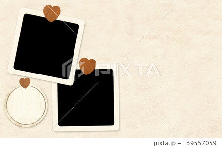 Two photo frame with heart-shaped adhesive tape pieces on stucco wall. Pictures album grid for scrapbooking. Vintage style mood board layout to create a romantic atmosphere. Copy space for photo 139557059