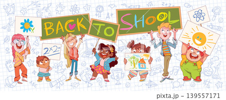 Happy cartoon children holding Back to School signs on a doodle background Happy cartoon children holding Back to School signs on a doodle background 139557171