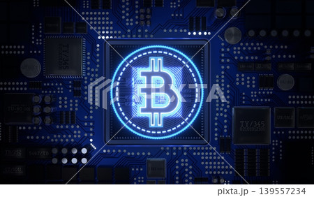 Cryptocurrency Bitcoin Symbol and Computer Motherboard - 3D illustration 139557234