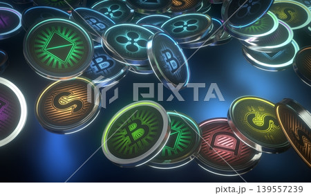 Various Cryptocurrency Bitcoins Falling Down - 3D illustration 139557239