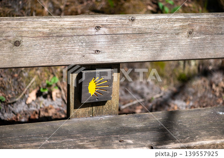 Wooden Forest Trail Marker With Pilgrim Symbol Wooden Forest Trail Marker With Pilgrim Symbol 139557925