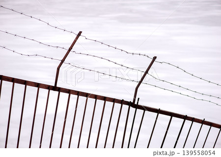 Barbed Wire Fence Over Frozen Water Surface 139558054