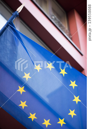 Close View Of European Union Flag On Building Close View Of European Union Flag On Building 139558088