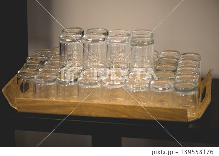 Glasses Arranged On Wooden Serving Tray 139558176