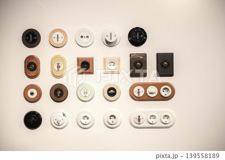 Collection Of Vintage Electrical Switches And Sockets Display Collection Of Vintage Electrical Switches And Sockets Display 139558189