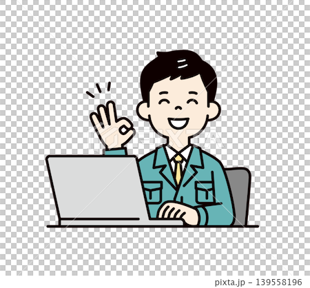 Vector illustration of the upper body of a male worker/employee/technician making an OK sign in front of a laptop. Vector illustration of the upper body of a male worker/employee/technician making an OK sign in front of a laptop. 139558196