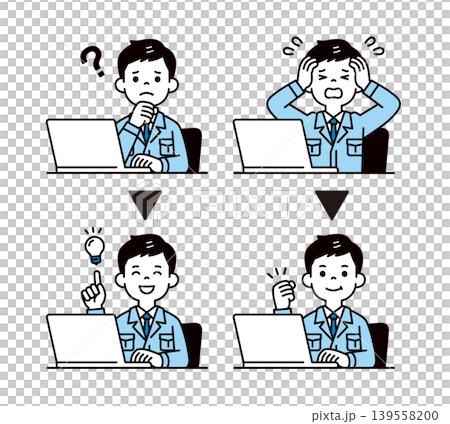 A set of vector illustrations of the upper body of a male office worker at a desk, showing both a troubled expression and a resolved/improved expression. A set of vector illustrations of the upper body of a male office worker at a desk, showing both a troubled expression and a resolved/improved expression. 139558200
