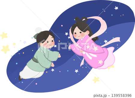 織姫と彦星のかわいい七夕カットイラスト ベクター素材 139558396