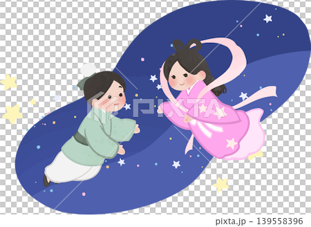 織姫と彦星のかわいい七夕カットイラスト ベクター素材 139558396