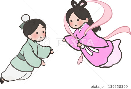 織姫と彦星のかわいい七夕カットイラスト 主線ありベクター素材 139558399