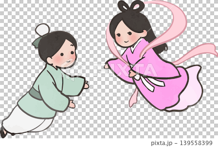 織姫と彦星のかわいい七夕カットイラスト 主線ありベクター素材 139558399