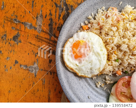 Top view of fried rice seafood sunny side up with space room. Top view of fried rice seafood sunny side up with space room. 139558472