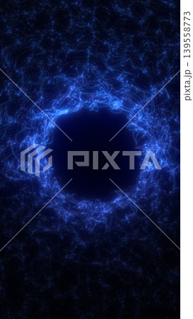 Blue particle ring surrounding a dark void, resembling a digital portal or black hole vortex in an abstract futuristic space scene Blue particle ring surrounding a dark void, resembling a digital portal or black hole vortex in an abstract futuristic space scene 139558773