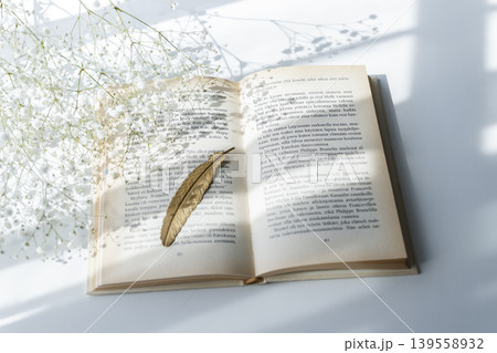 かすみ草としおりのある穏やかな読書時間 139558932