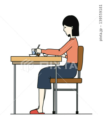 椅子に座ってテーブルで箸を使って食事をする女性のイラスト 椅子に座ってテーブルで箸を使って食事をする女性のイラスト 139559181