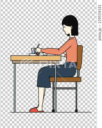 椅子に座ってテーブルで箸を使って食事をする女性のイラスト 椅子に座ってテーブルで箸を使って食事をする女性のイラスト 139559181