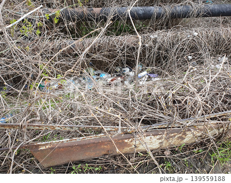 Plastic garbage and bottles thrown into dry thickets near rusty pipes. Environmental pollution problem Plastic garbage and bottles thrown into dry thickets near rusty pipes. Environmental pollution problem 139559188