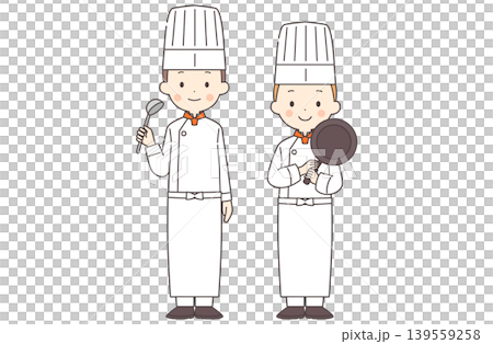 Full-body illustration of a male and female chef holding cooking utensils. Full-body illustration of a male and female chef holding cooking utensils. 139559258