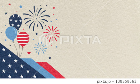 4th of July Independence Day beige textured paper background with red blue fireworks and balloons with copy space for banner 139559363