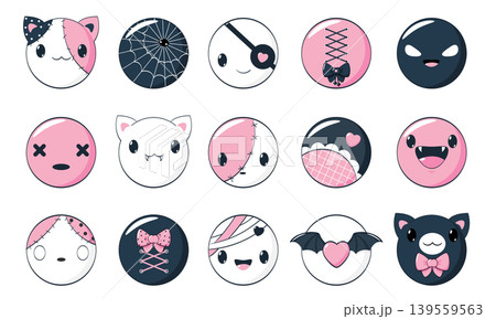 Set of eye-catching Halloween girly sticker in kawaii style. Cute Halloween collection of round badge with funny emoji, monster, cat. Collection of holiday gift tag, label, badge template. Vector EPS8 139559563