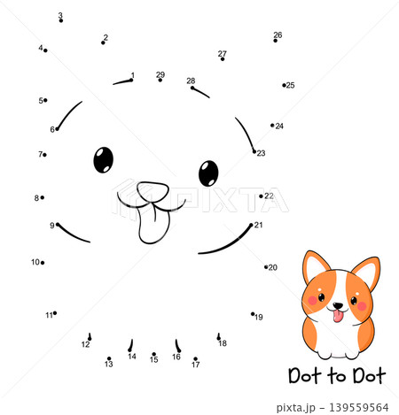 Connect The Dots and Draw Cute Dog. Dot to dot puzzle - cartoon little puppy. Educational Game for Kids. Drawing for Preschool children. Vector Illustration EPS8 139559564