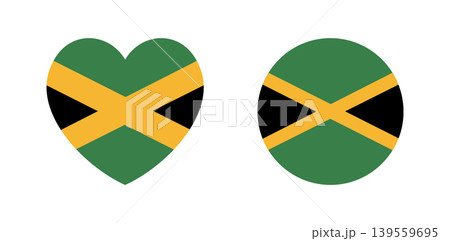 Flag of Jamaica heart, round button, sticker set. Jamaica flag circle, heart badge, banner, background. Kingston icon. 139559695