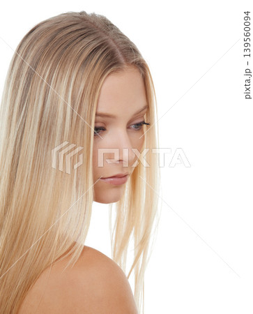 Woman, thinking and beauty with cosmetics in studio for hair care, keratin treatment and shampoo shine. Model, person and thoughtful with skincare, collagen texture and hairstyle on white background Woman, thinking and beauty with cosmetics in studio for hair care, keratin treatment and shampoo shine. Model, person and thoughtful with skincare, collagen texture and hairstyle on white background 139560094