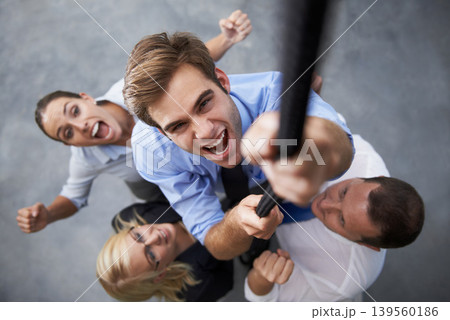People, energy and corporate man climbing rope for target goals, career development or team building support. Top view, excited cheers and portrait of agent with hard work, determination and ambition 139560186