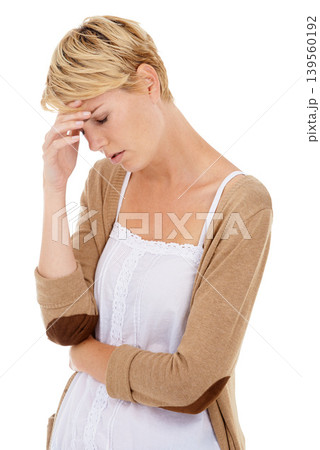 Frustrated woman, headache and mistake in depression, burnout or anxiety on a white studio background. Face of tired or fatigue young female person with migraine in mental health, stress or breakdown 139560192