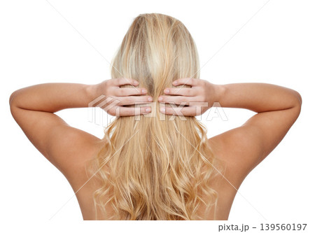 Rear view, woman and beauty in studio for hair care with keratin treatment, shampoo shine and mock up. Model, person and soft hairstyle, cosmetics and cosmetology at hairdresser on white background Rear view, woman and beauty in studio for hair care with keratin treatment, shampoo shine and mock up. Model, person and soft hairstyle, cosmetics and cosmetology at hairdresser on white background 139560197