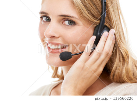 Call center, woman and face portrait in studio for customer service, CRM sales and FAQ questions on white background. Happy telemarketing agent with microphone for IT support, advice and contact us Call center, woman and face portrait in studio for customer service, CRM sales and FAQ questions on white background. Happy telemarketing agent with microphone for IT support, advice and contact us 139560226