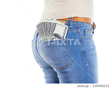 Back, person and dollars in studio of jeans pocket for financial freedom, gambling and lottery bonus on white background. Closeup, pants and winner with money fan, cashback savings or rich investment 139560232
