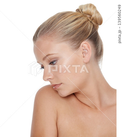 Woman, thinking and beauty with skincare in studio for glowing face, wellness and dermatology on mock up. Model, person or confidence with cosmetics, collagen or keratin treatment on white background 139560249