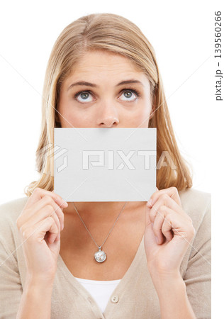 Thinking, face and woman with empty card, sign or poster for question in white background and mockup. Studio, space and person with a empty signage for information on choice, decision or cardboard Thinking, face and woman with empty card, sign or poster for question in white background and mockup. Studio, space and person with a empty signage for information on choice, decision or cardboard 139560266