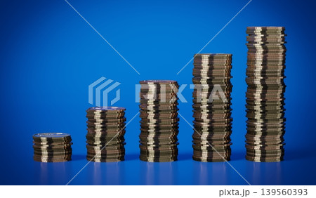 Growth chart made with golden coins - 3d illustration 139560393