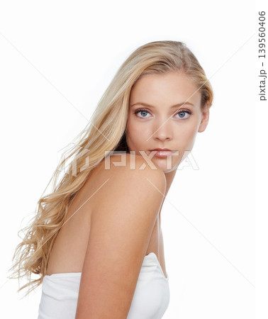 Woman, portrait and beauty with shampoo in studio for hair care, keratin treatment and cosmetics shine. Model, person and mockup space with skincare, collagen texture or hairstyle on white background 139560406