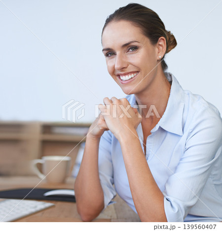 Portrait of businesswoman at desk with smile, confidence and HR administration career in office. Happiness, pride and professional consulting manager with human resources job, face and opportunity. 139560407